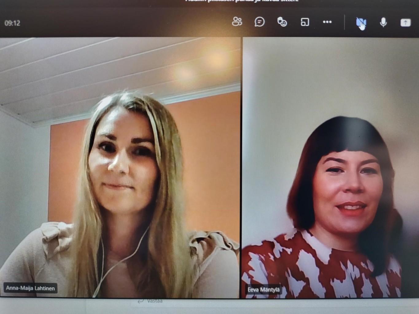 kuva videoneuvottelusta, jossa lehtorit Anna-Maija Lahtinen ja Eeva Mäntylä