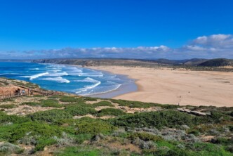 Kuva Portugalin rannikosta ja aalloista, etualalla kasvistoa ja edempänä hiekkarantaa.