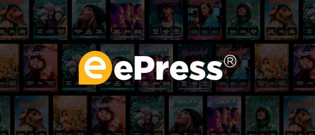 ePress-palvelun tunnus, joka on asetettu Nuorisotyö-lehden kansista kootun taustan päälle.