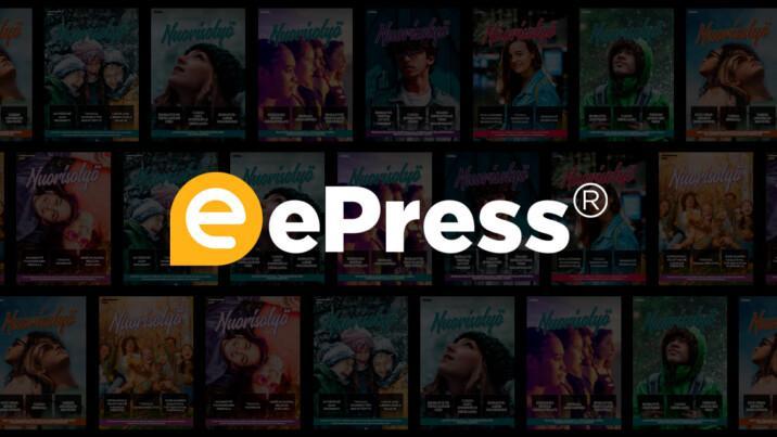 ePress-palvelun tunnus, joka on asetettu Nuorisotyö-lehden kansista kootun taustan päälle.